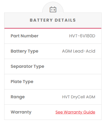 HVT-6V180D HVT 6V Dual Purpose AGM Battery (6V Deep-Cycle)