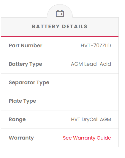 HVT-70ZZLD Dual Purpose VRLA (AGM) Battery (Group 70ZZLD)