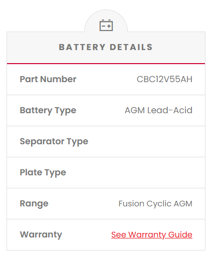CBC12V55AH Fusion AGM 12V Deep Cycle Battery