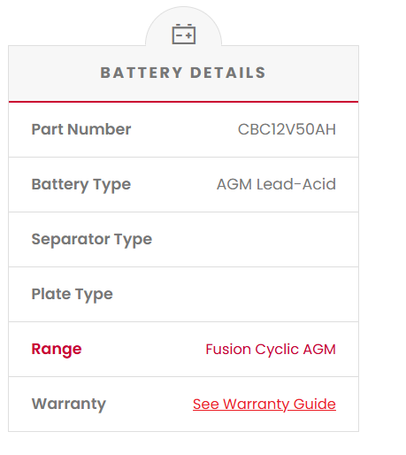 CBC12V50AH Fusion 50AH AGM 12V Deep Cycle Battery