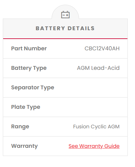 CBC12V40AH Fusion AGM 12V Deep Cycle Battery