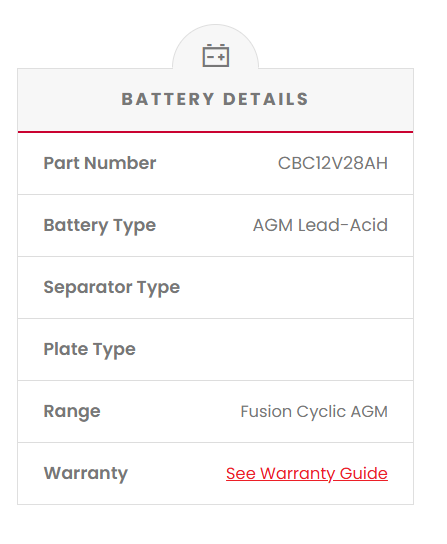 CBC12V28AH Fusion 28AH AGM 12V Deep Cycle Battery