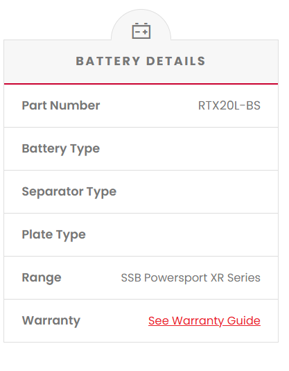 RTX20L-BS SSB XR Series Motorcycle Battery