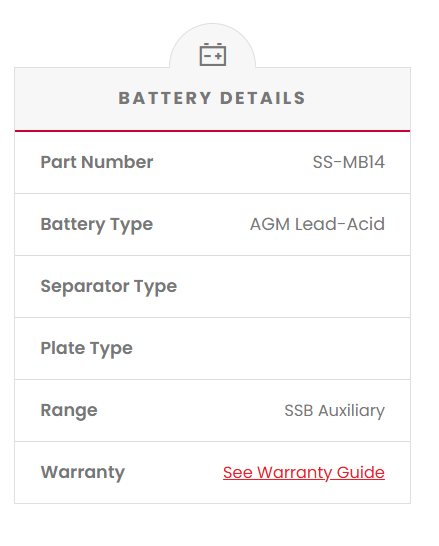 SS-MB14 SSB Auxiliary VRLA (AGM) Battery