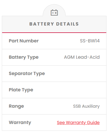SS-BW14 SSB Auxiliary VRLA (AGM) Battery