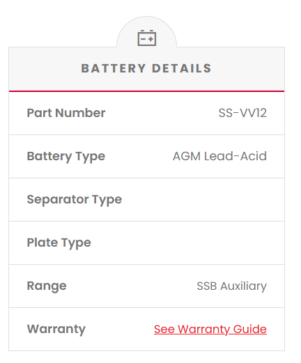 SS-VV12 SSB Auxiliary VRLA (AGM) Battery