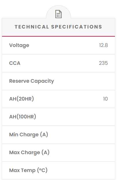 RB10L-A2 SSB XR Series Motorcycle Battery (12N10-3A) Technical specifications of a battery displayed on a white background