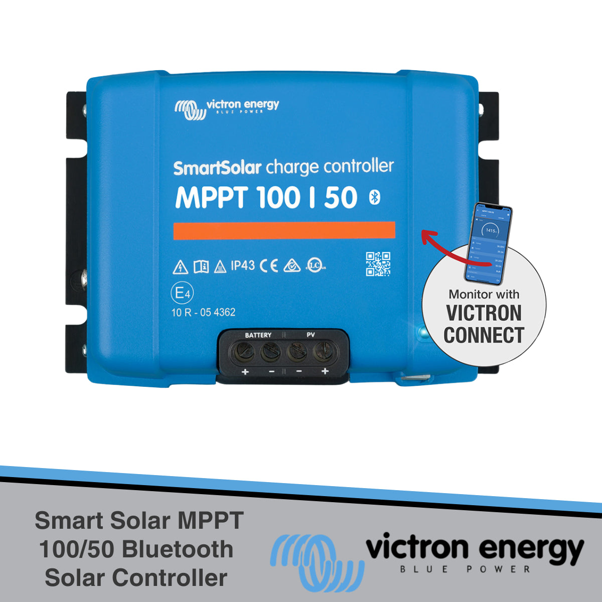 Blue Victron Energy Smart Solar MPPT 100/50 charge controller with app icon on a white background