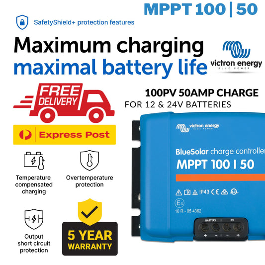 Victron Energy BlueSolar MPPT 100/50 charge controller with features and branding displayed. for free shipping australia wide