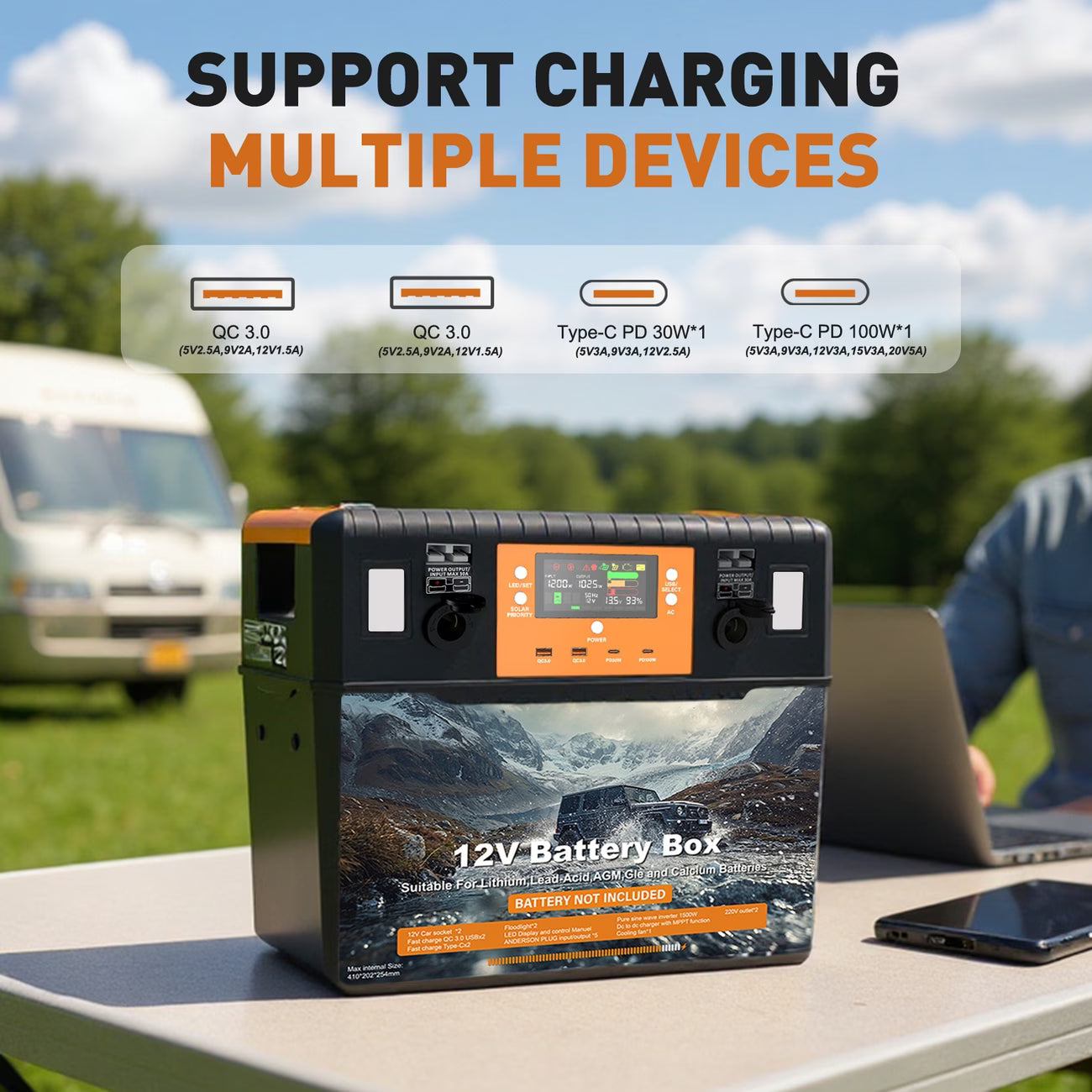 Heavy Duty Battery Box with 1500W Inverter Battery for 12V/24V Portable Power