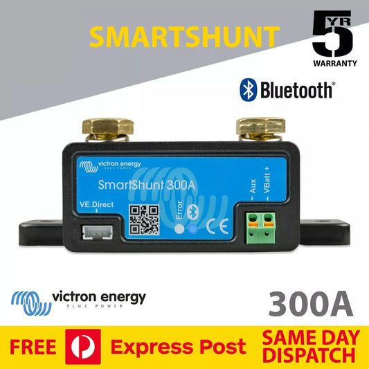 Victron SmartShunt 300A device with Victron Energy branding on a promotional background.