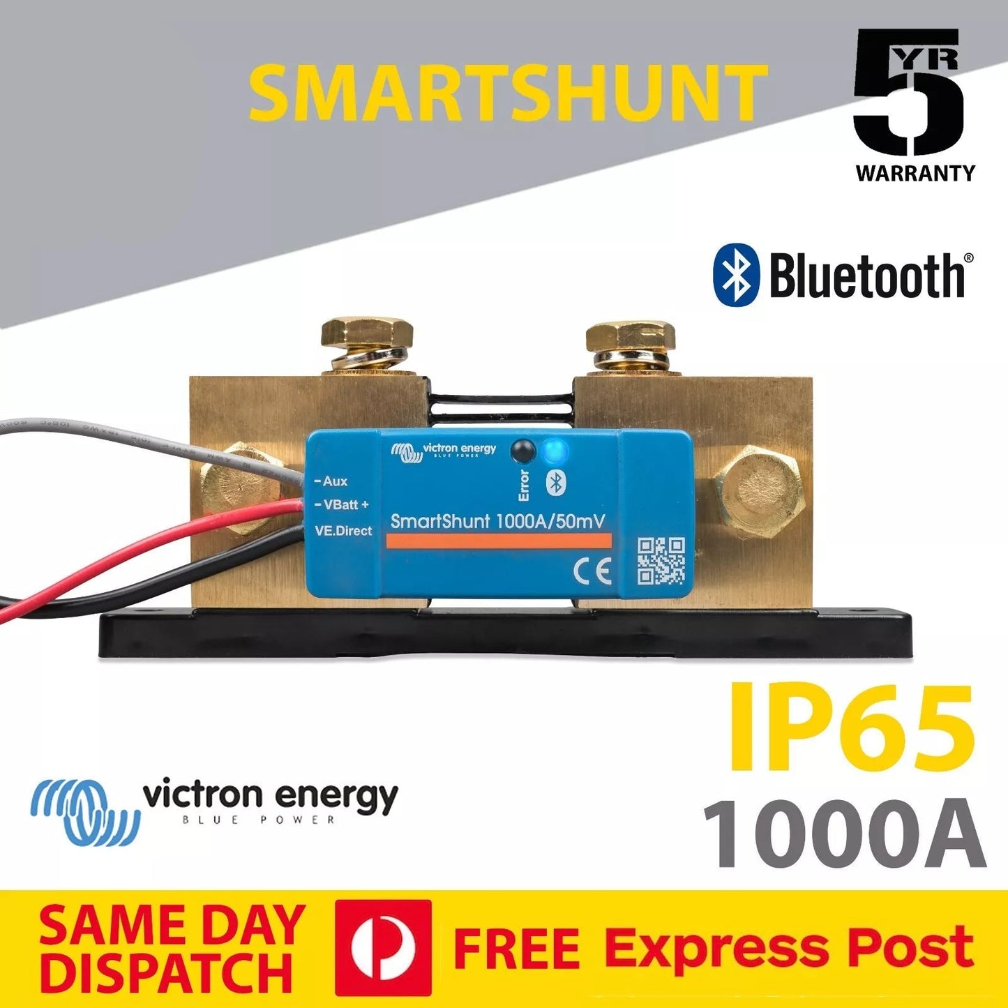 SmartShunt electronic component with branding and product details on a white and gray background