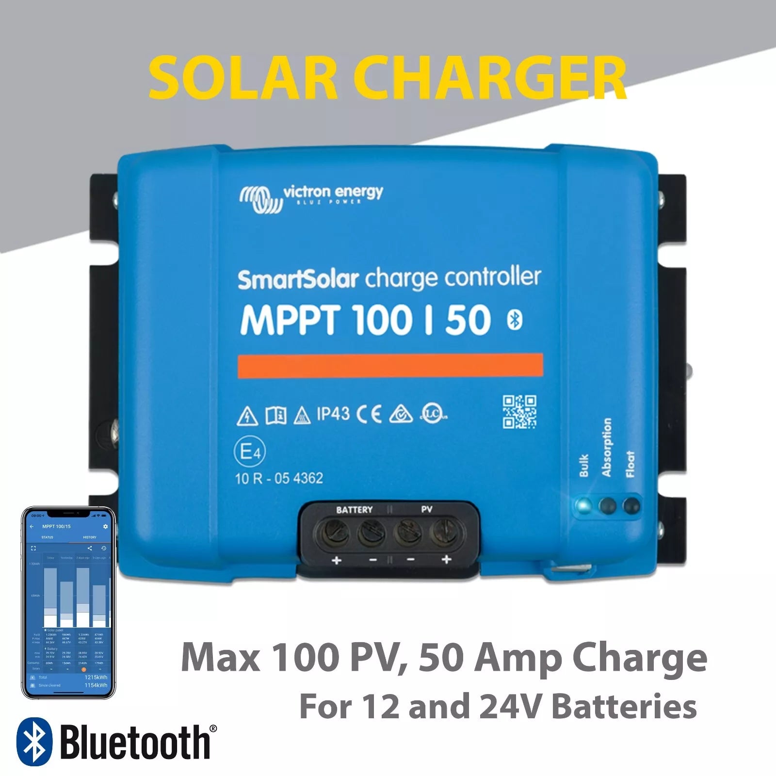 MPPT 100 / 50 Blue Victron Energy SmartSolar charge controller with smartphone app on a gray and white background