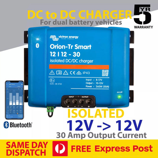 Blue DC to DC charger with Victron Energy branding on a gray background