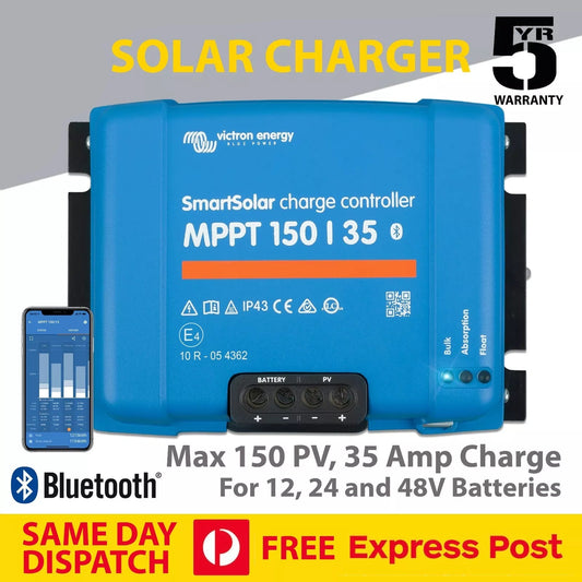 Victron solar charger with Victron Energy branding on a gray background