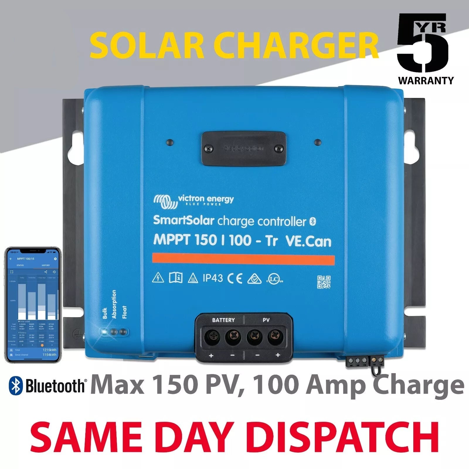 Blue solar charger with smartphone app on a gray background, featuring Victron branding and product details.