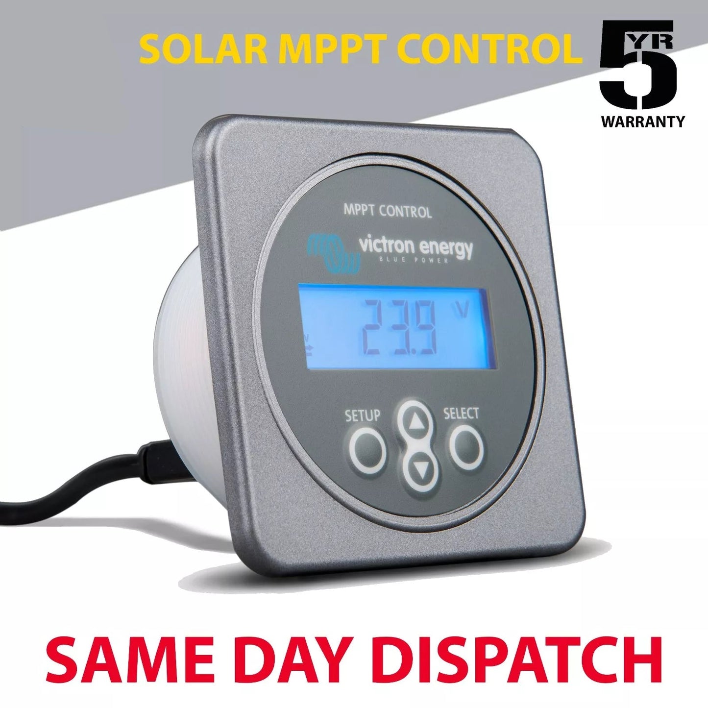 Solar MPPT control device with digital display and Victron Energy branding on a white background.