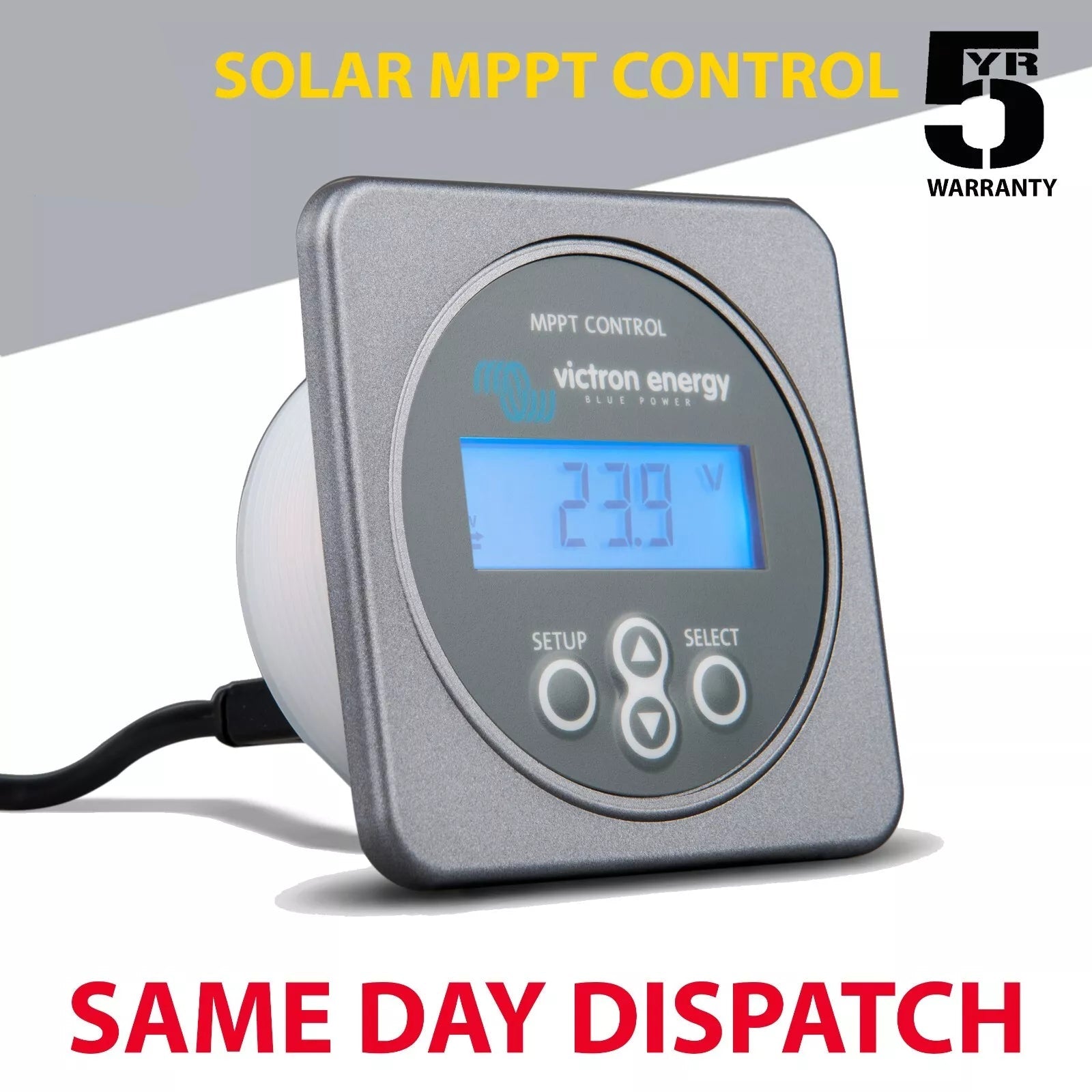 Solar MPPT control device with digital display and Victron Energy branding on a white background.