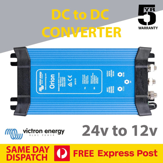 DC to DC converter with Micktron and Victron Energy branding on a promotional graphic.