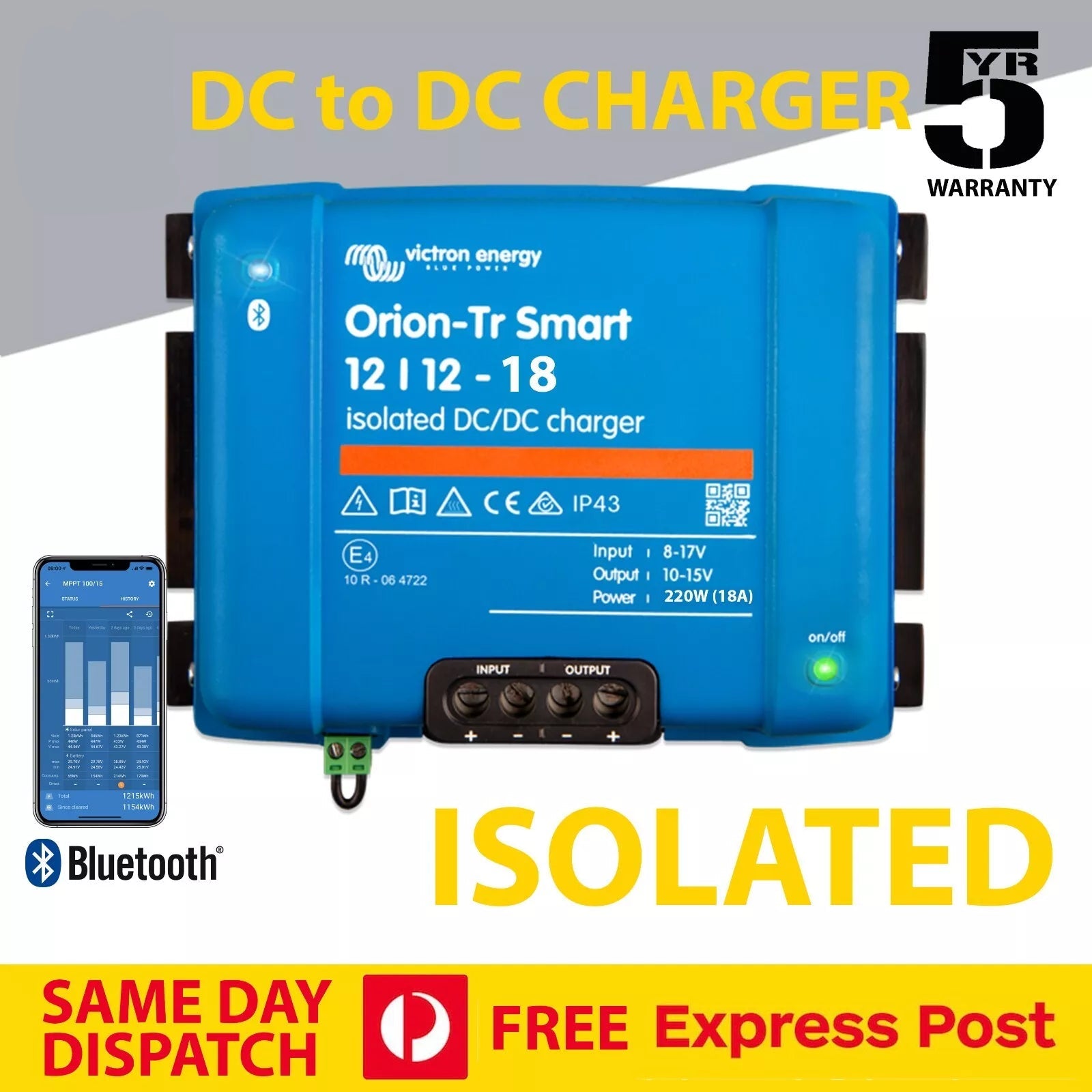 Blue DC to DC charger with Victron Energy branding on a gray background