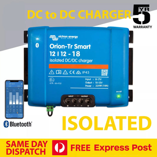 Blue DC to DC charger with Victron Energy branding on a gray background