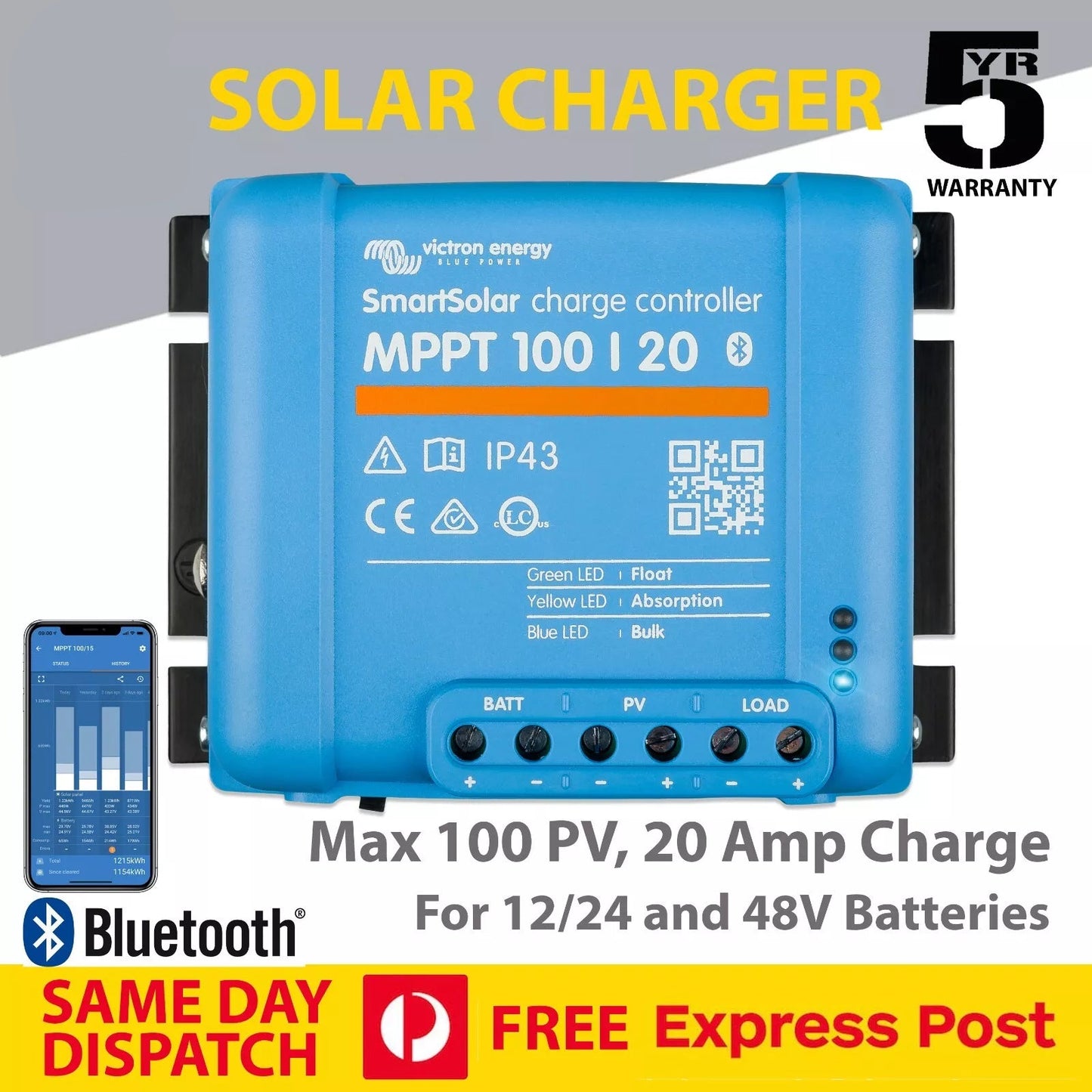 Victron Smart Solar MPPT 100/20 (12/24/48V) Solar Charge Controller - Express Post