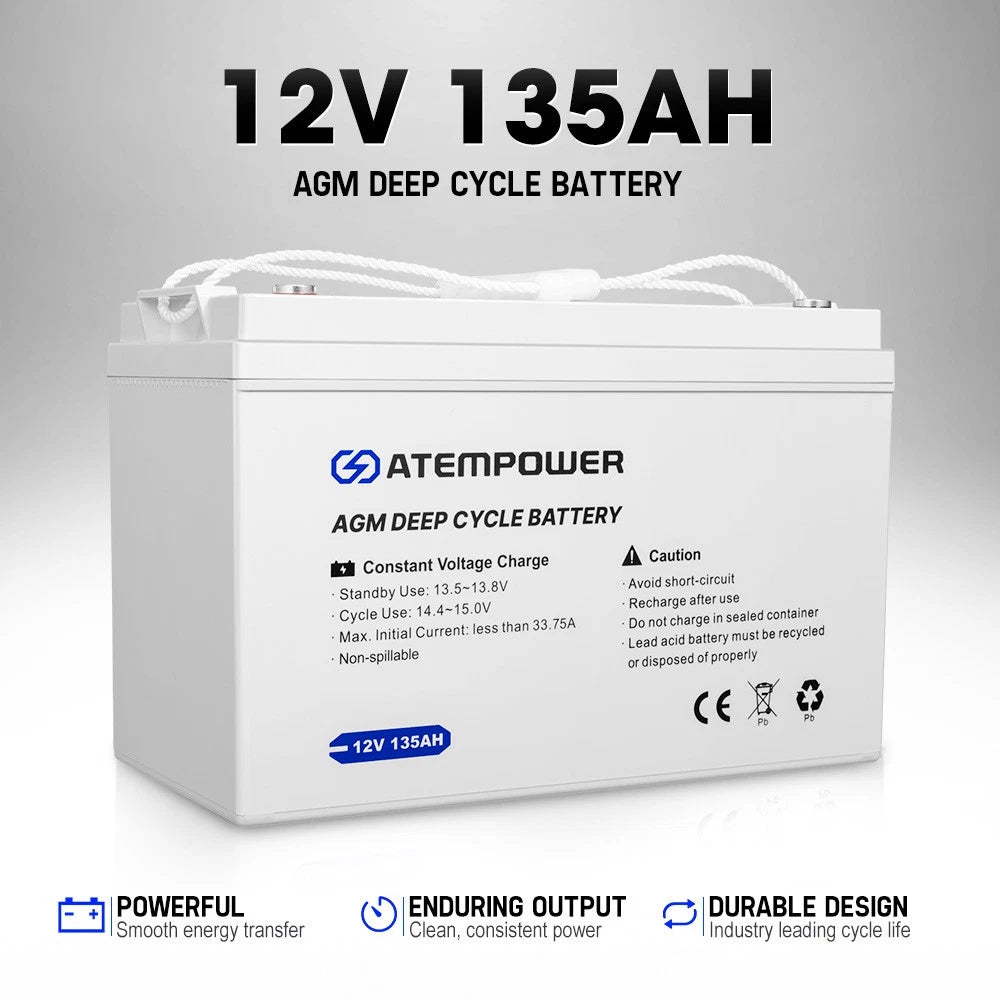 135AH 12V AGM Battery Camping Marine 4WD Fridge Solar Deep Cycle Battery Atempower AGM deep cycle battery with specifications on a gray background