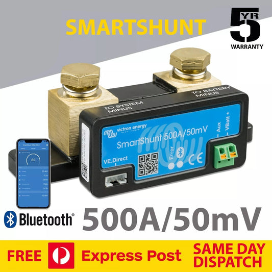 victron SmartShunt with Bluetooth connectivity and 500A/50mV specifications on a white background.
