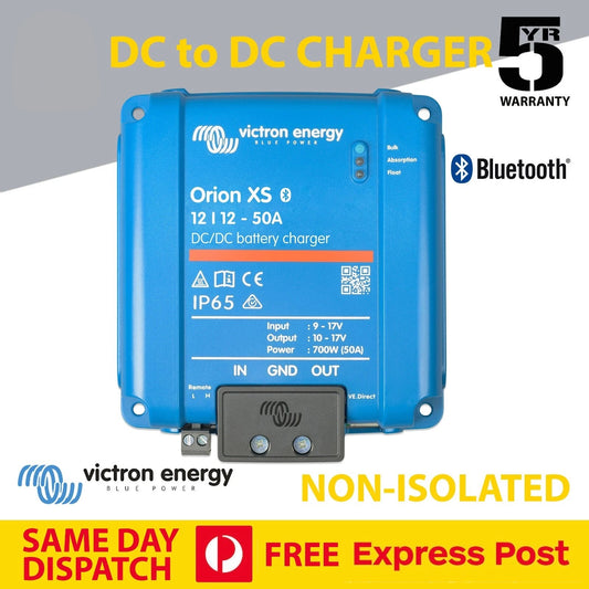 Blue DC to DC charger with Victron Energy branding on a white background