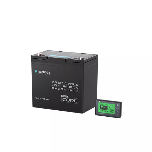 Renogy deep cycle lithium iron phosphate battery with a digital display on a white background