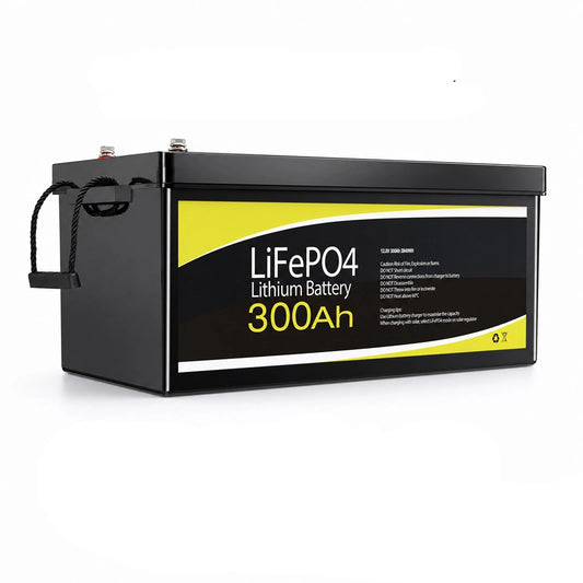 LiFePO4 lithium battery with features for caravan, off-grid, and marine use on a white background.