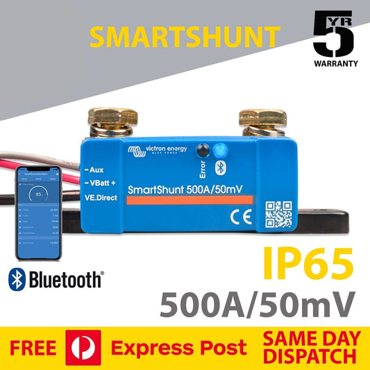 SmartShunt electronic component with Bluetooth connectivity, IP65 rating, and 5-year warranty on a gray and white background.