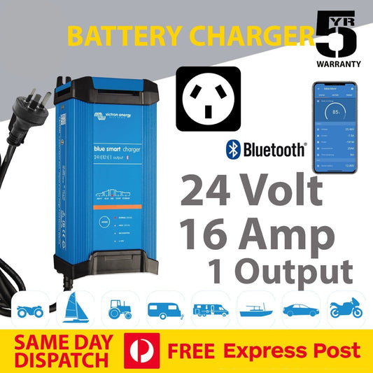 Battery charger with Bluetooth connectivity on a promotional background