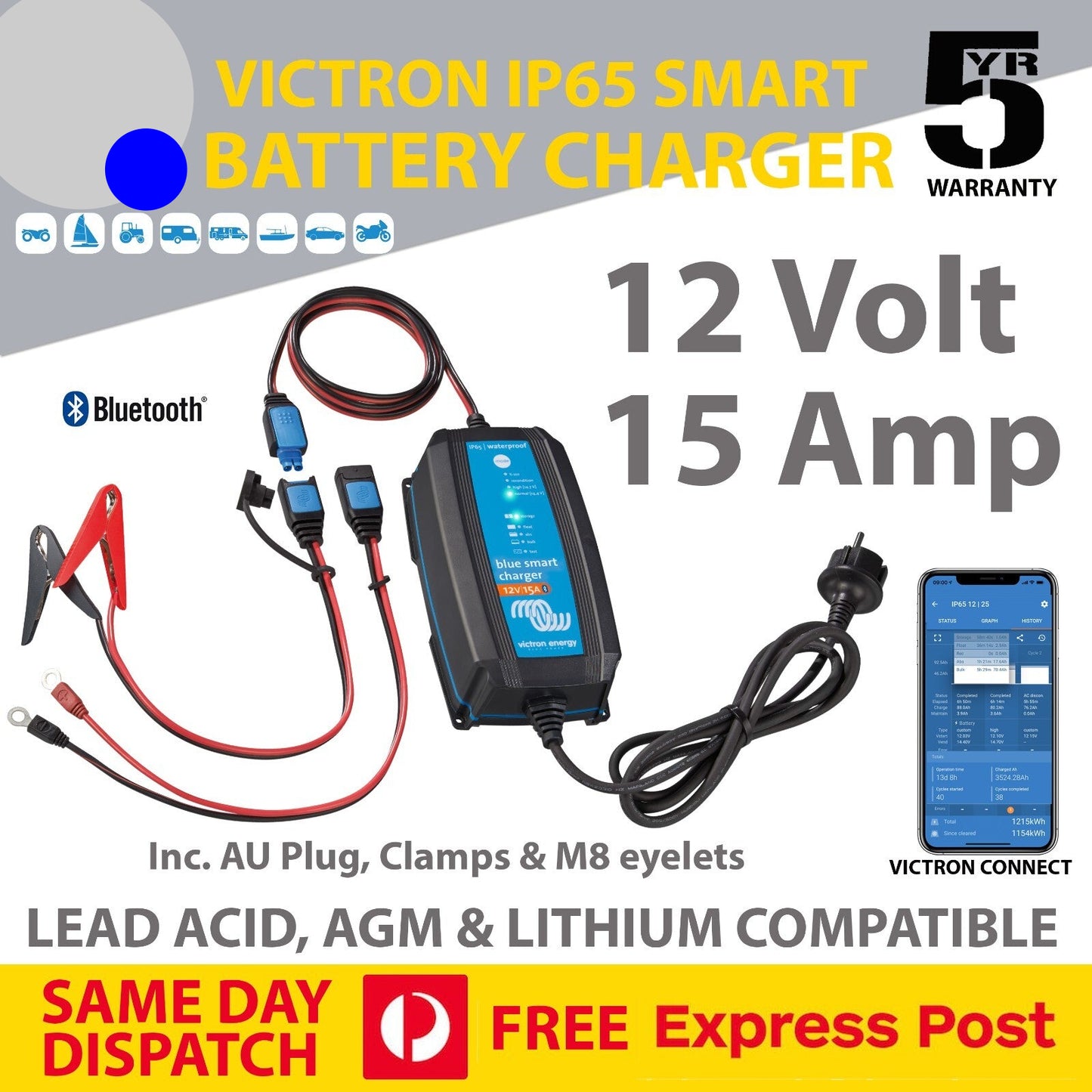 Victron Blue Smart IP65 12V 15A Battery Charger 12/15 AU/NZ - Express Post
