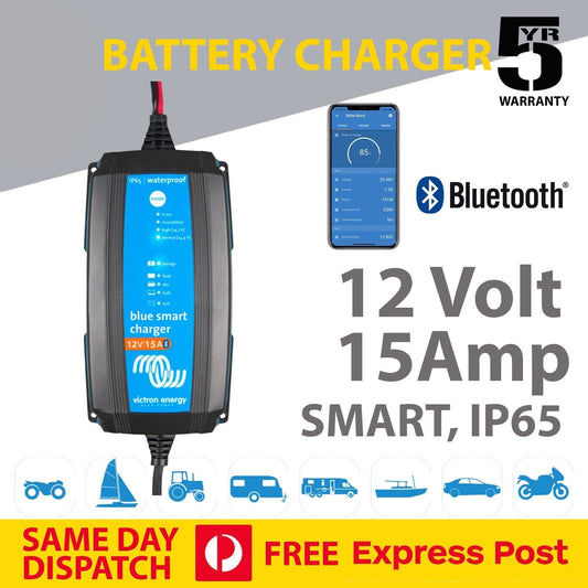 Battery charger with smartphone app display, Bluetooth connectivity, and specifications on a white background.