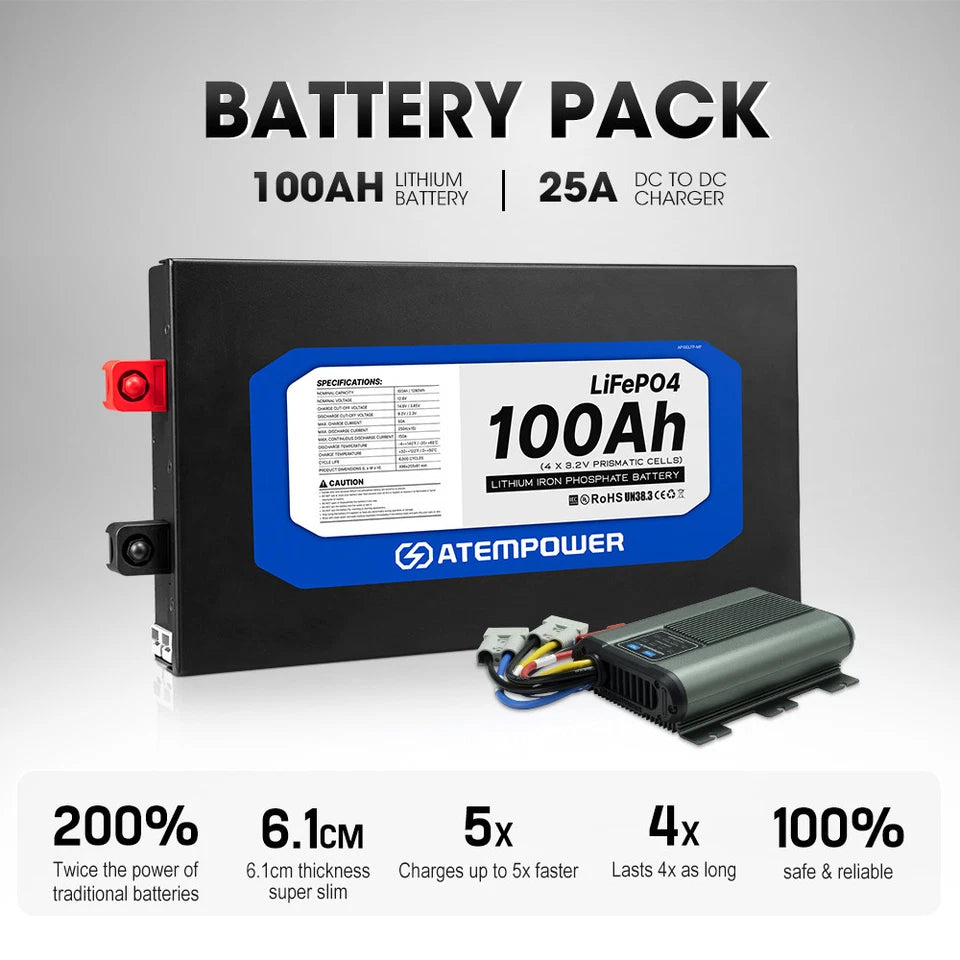 12V 100Ah Slimline Lithium Battery + 12V 25A DC to DC Battery Charger Kit