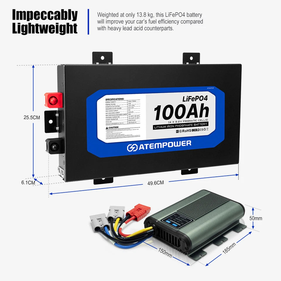 12V 100Ah Slimline Lithium Battery + 12V 25A DC to DC Battery Charger Kit
